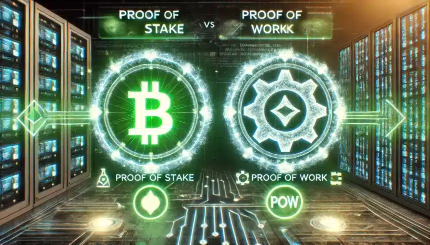 Proof of Stake (PoS) vs. Proof of Work (PoW) in 2025. The image features two glowing holographic