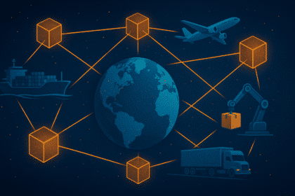 Digital illustration of blockchain adoption connecting global trade with cargo ship, airplane, truck, and robotic arm around Earth