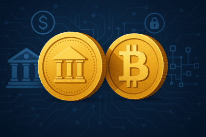 Digital illustration showing a gold coin with a bank icon representing CBDCs and another gold coin with the Bitcoin logo representing public cryptocurrencies, set against a blue network background.