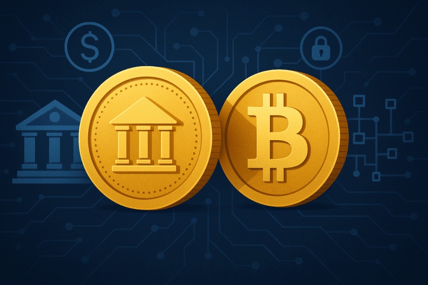Central Bank Digital Currencies vs. Public Cryptocurrencies 7 Digital illustration showing a gold coin with a bank icon representing CBDCs and another gold coin with the Bitcoin logo representing public cryptocurrencies, set against a blue network background.
