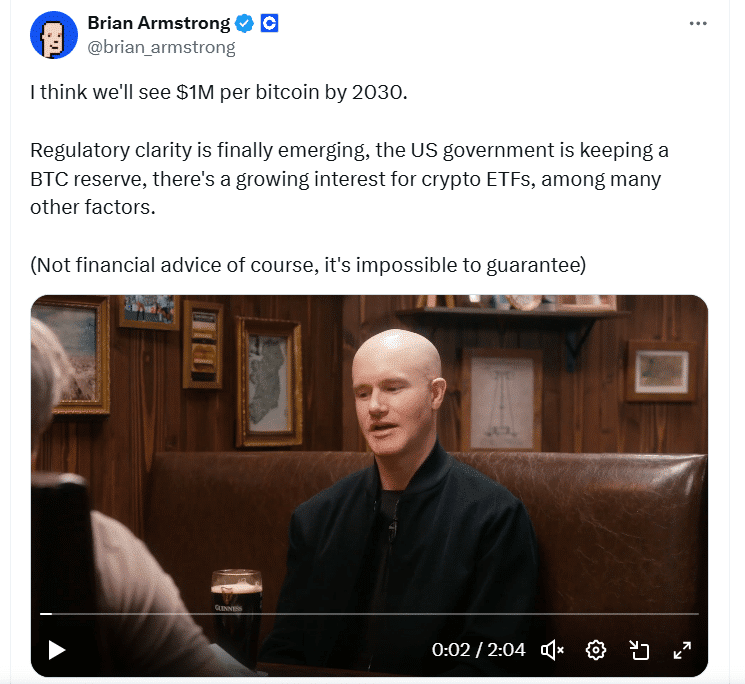 Coinbase CEO Brian Armstrong preidction
