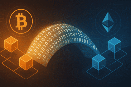Digital illustration of Cross-Chain Bridges linking Bitcoin and Ethereum through binary code