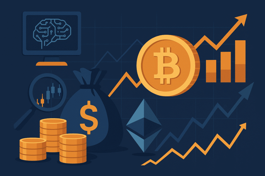 Digital illustration of crypto hedge fund strategies in 2025 showing Bitcoin, Ethereum, AI trading, coins, and upward market trends.