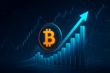 Futuristic digital illustration showing Bitcoin symbol with rising crypto market cap chart and upward arrow representing crypto market growth