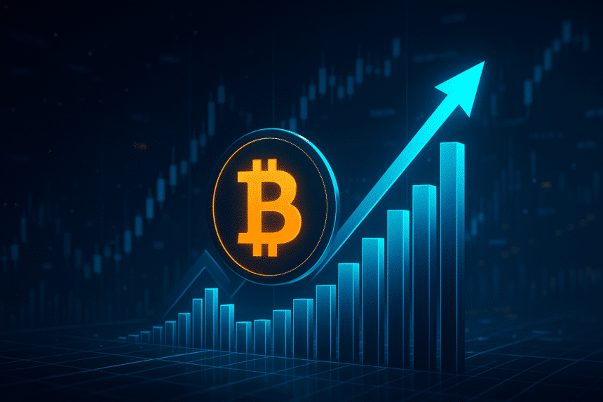 Futuristic digital illustration showing Bitcoin symbol with rising crypto market cap chart and upward arrow representing crypto market growth