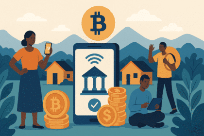 Illustration of people in a rural village using smartphones and tablets to access digital banking and cryptocurrency services