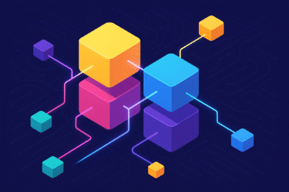 Colorful 3D blocks connected by glowing lines representing modular blockchains technology
