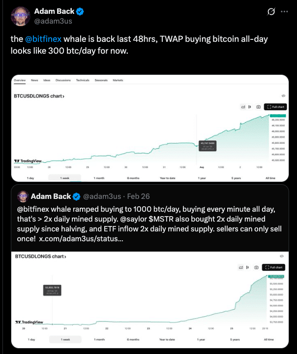 Bitcoin Whale Watch: Blockstream CEO Reveals Major Accumulation 8 Bitfinex Whale Is Back: Adam Back Highlights Heavy Bitcoin Accumulation
