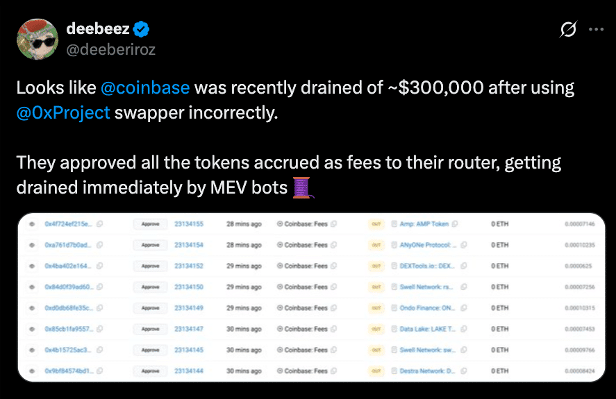 Inside the MEV Bot Heist: How a Token Approval Glitch Cost Coinbase $300K 8 MEV Bots Hit Coinbase: $300K Lost