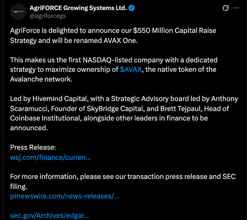 AgriFORCE Rebrands as AVAX One