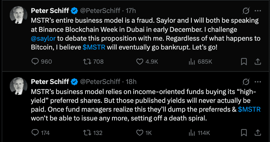 Peter Schiff Blasts Michael Saylor Strategy as “Fraud,” Calls for Live Debate