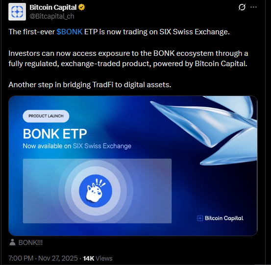 BONK, Solana’s Meme Coin Lunch ETP Listing on SIX Swiss Exchange 1 Solana memecoin Bonk