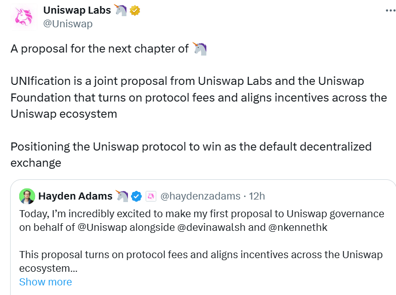 Uniswap’s New Proposal Cuts UNI Supply by 16%, Activates Fees 8 Uniswap proposal