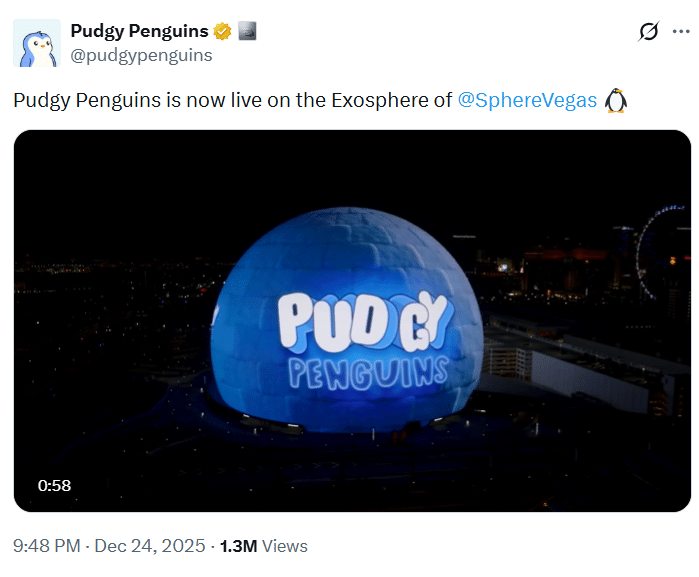 Pudgy Penguins Light Up the Las Vegas Sphere as NFTs Fight a Brutal 2025 Market