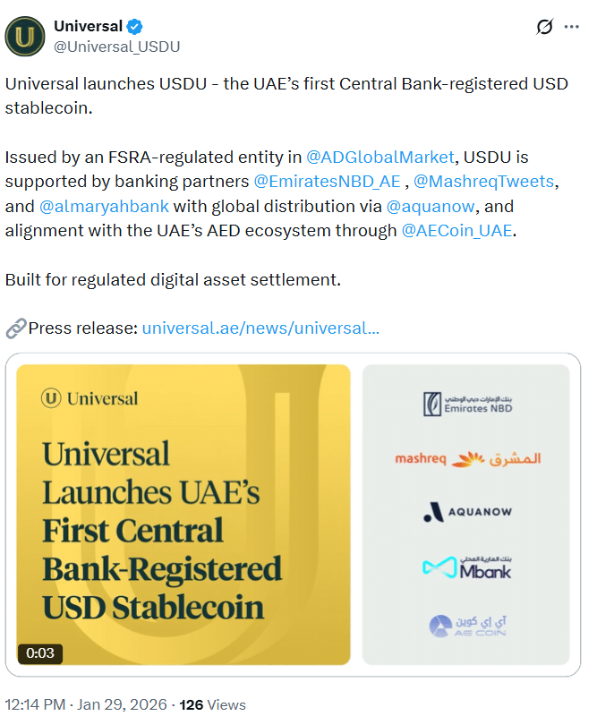 UAE Stablecoin USDU Approved as First USD Token Under PTSR