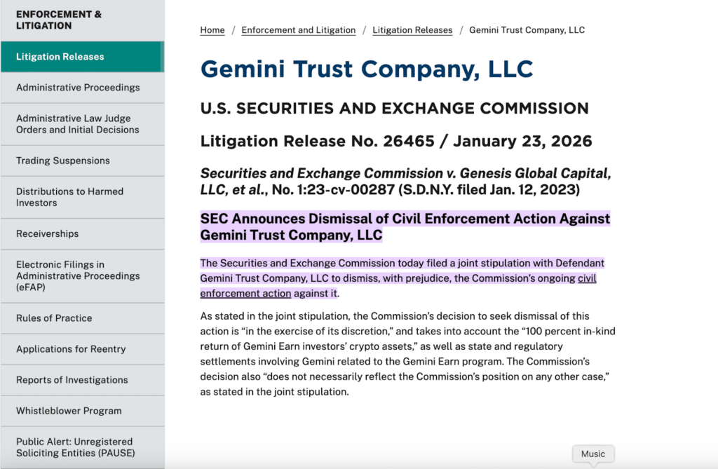 SEC Drops Gemini Lawsuit After $940M Crypto Restitution = The Bit Journal