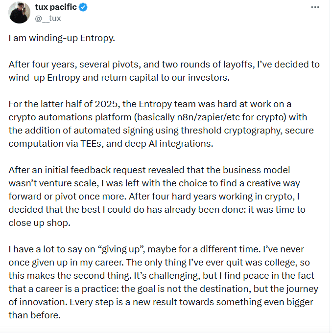 A16z-Backed Entropy to Close Operations, Return Investor Funds After 4-Year Run