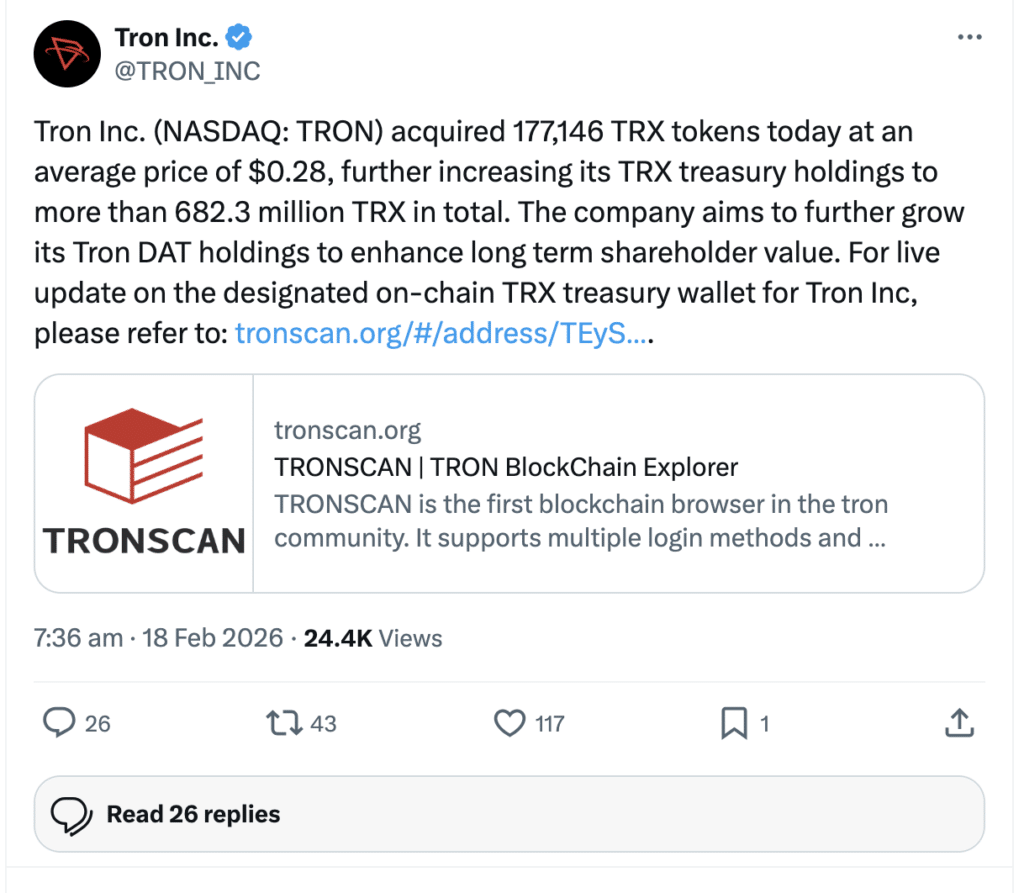 TRON price prediction 2026: Tron Inc. TRX accumulation tweet