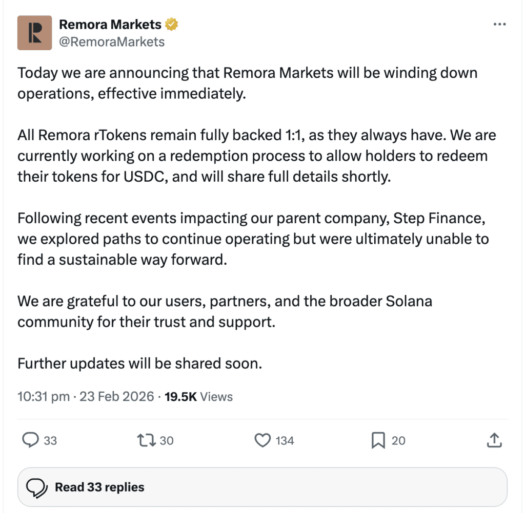 Step Finance shutdown: Remora Markets winds down after $27M Solana hack.