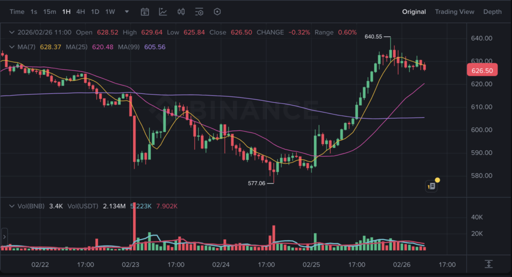 BNB/USDT live chart showing BNB price today (Source: Binance).
