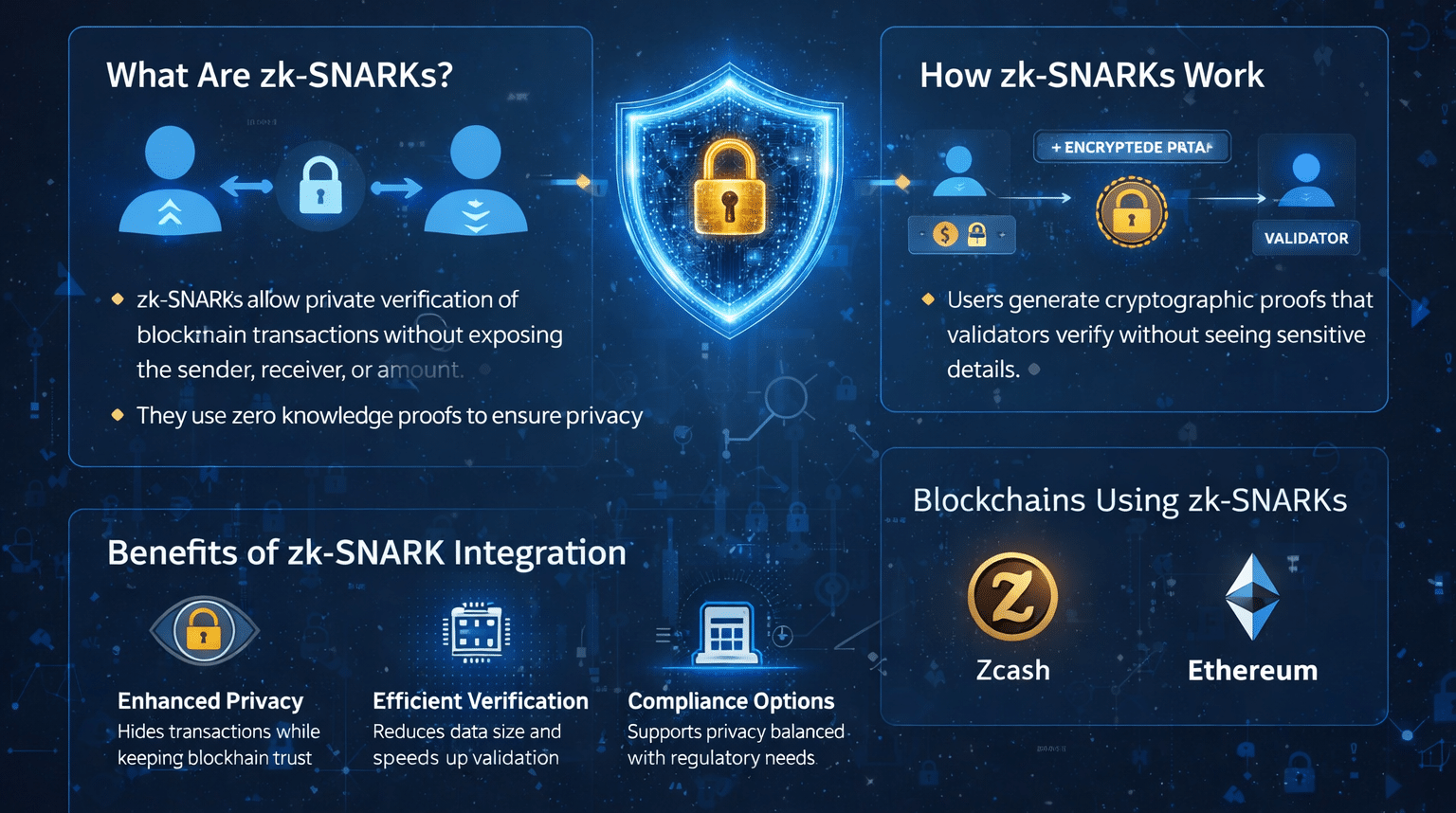 A 2026 Guide: The Role of zk-SNARKs in Privacy-Focused Blockchains 8 zk-SNARKs are cryptographic proofs that allow a blockchain transaction to be verified without revealing transaction details.