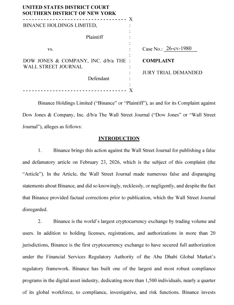 Binance vs WSJ lawsuit Binance vs WSJ lawsuit complaint alleging defamation over Iran‑linked crypto reporting.