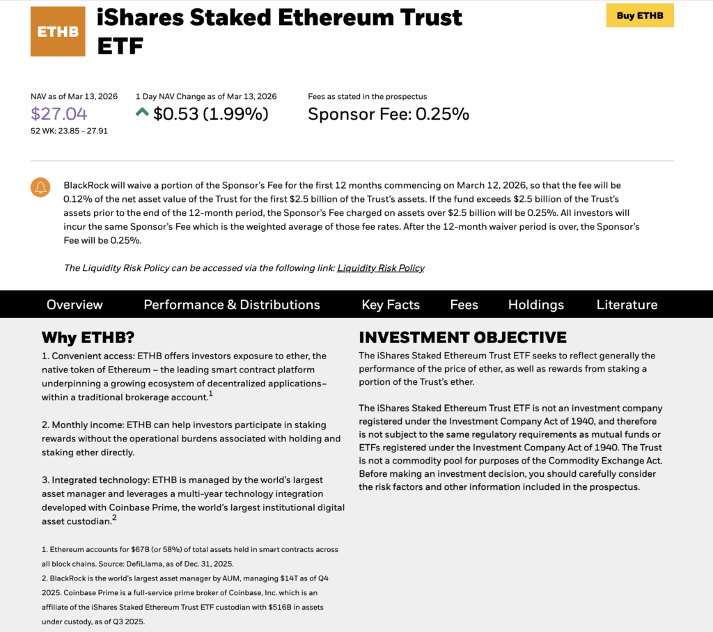 BlackRock Ethereum ETF BlackRock Ethereum ETF providing ETH exposure and integrated staking via BlackRock.