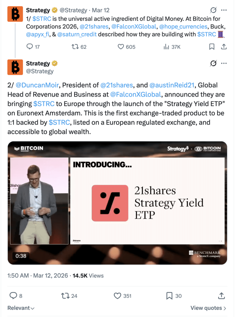 21Shares crypto ETP update BTC and ETH ETP prices to FTSE benchmarks (Source: Strategy).