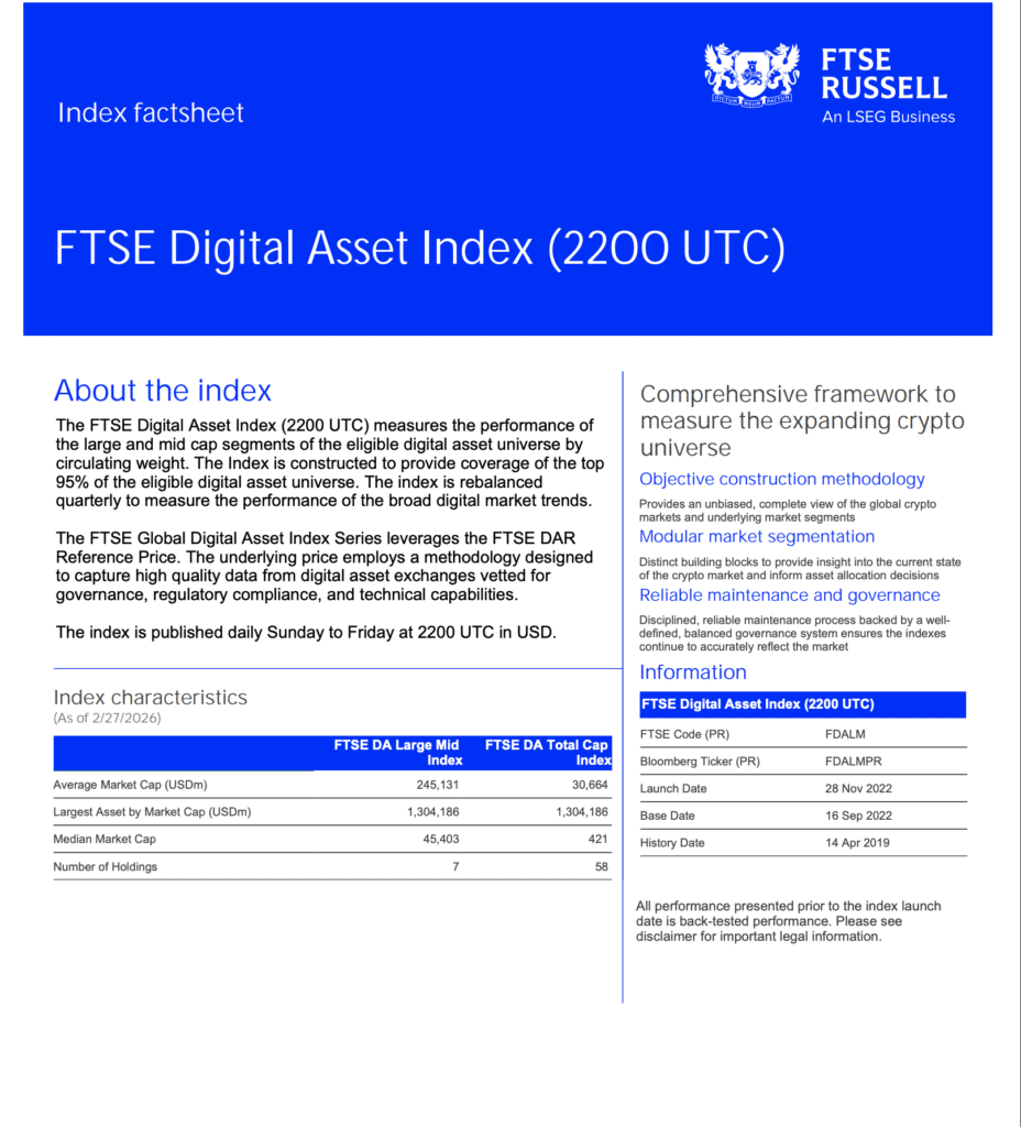 FTSE Digital Asset Index factsheet showing crypto benchmark details.