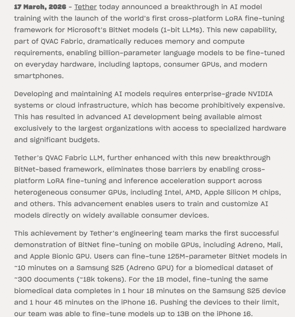 Tether QVAC Fabric official announcement showing BitNet LoRA framework for AI models on phones and consumer GPUs