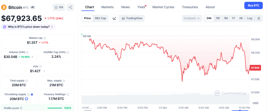 Bitcoin Holds $68,300 While Gold Extends Selloff and Asian Stocks Turn Lower 1 Bitcoin Price Chart