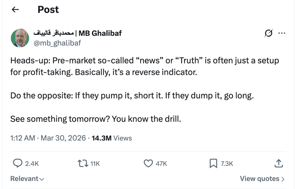 Bitcoin reverse indicator Bitcoin reverse indicator tweet from Iran speaker Mohammad Bagher Ghalibaf on pre‑market news.