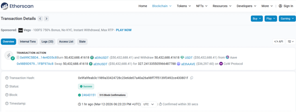 Ethereum transaction showing the $50M AAVE collateral swap loss routed through CoW Protocol. Source: CryptoTimes.