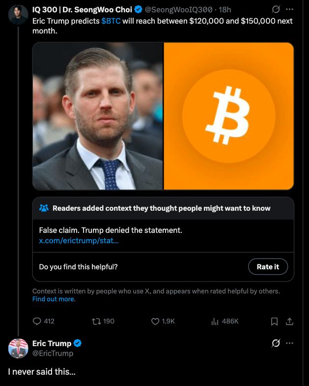 Did Eric Trump Predict Bitcoin $120K-$150K Next Month? Full Fact Check 8 Viral Eric Trump Bitcoin Claim Debunked: He Says “I Never Said This”