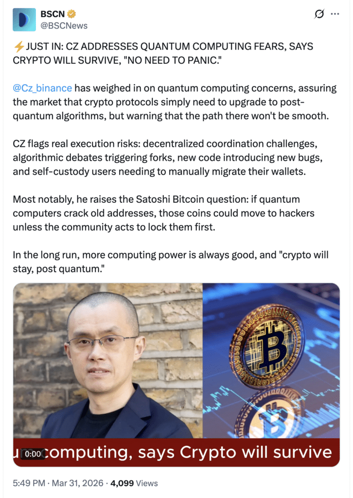 Quantum Crypto Upgrade Quantum Crypto Upgrade 2026: BSCNews X post quoting CZ on crypto security.