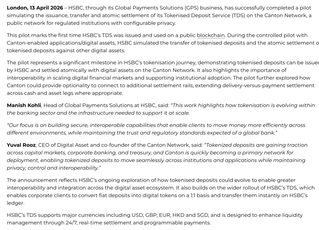 HSBC tokenized deposits Canton Network pilot 2026. (Source: Distribution Banking)