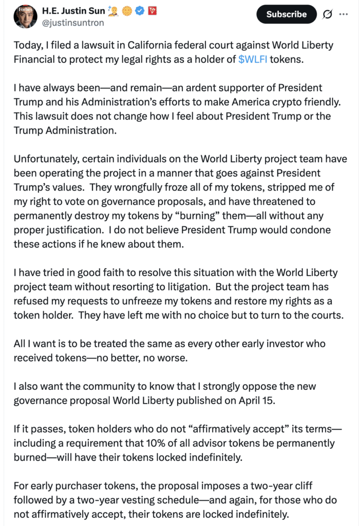 Justin Sun WLFI Lawsuit Justin Sun WLFI Lawsuit: X post on World Liberty Financial dispute.