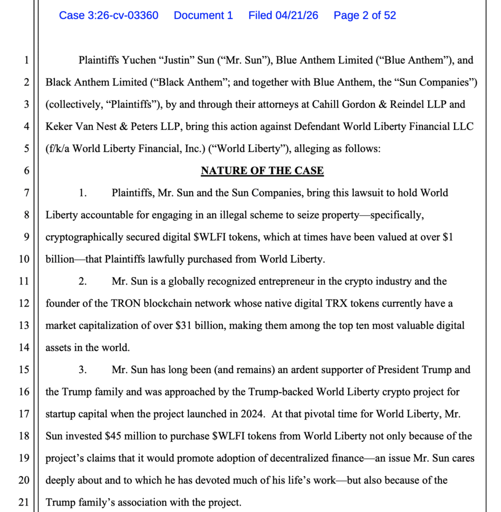Justin Sun WLFI Lawsuit Justin Sun WLFI Lawsuit: official court filing detailing token dispute and asset freeze claims.