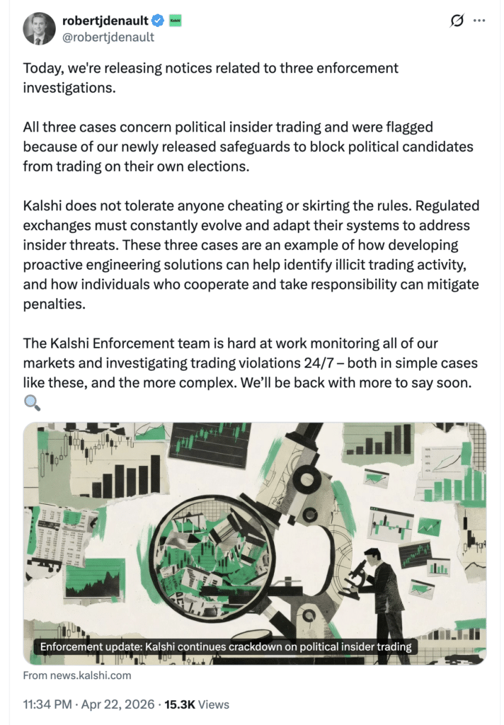 Screenshot of Kalshi enforcement update on safeguards against prediction market insider trading.