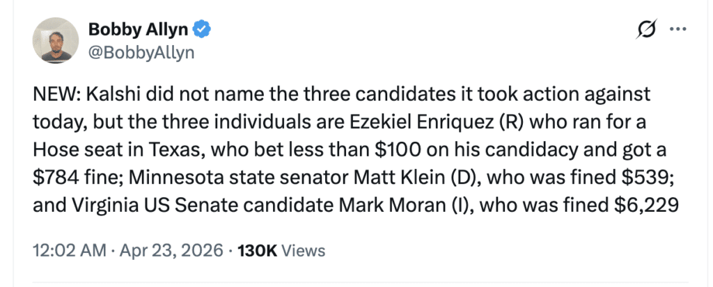 Screenshot of journalist post on regulatory scrutiny of Kalshi prediction markets and election betting.