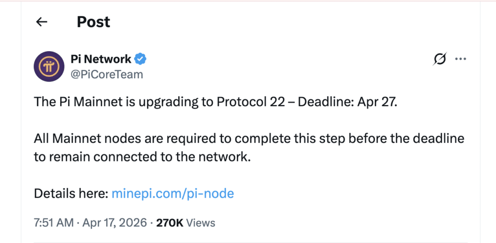 Pi Network Protocol 22 deadline announcement requiring node upgrade by April 27, 2026