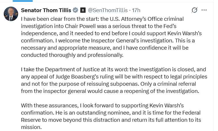 Trump’s Fed Nominee Kevin Warsh Clears Key Senate Hurdle 9 Thom Tillis