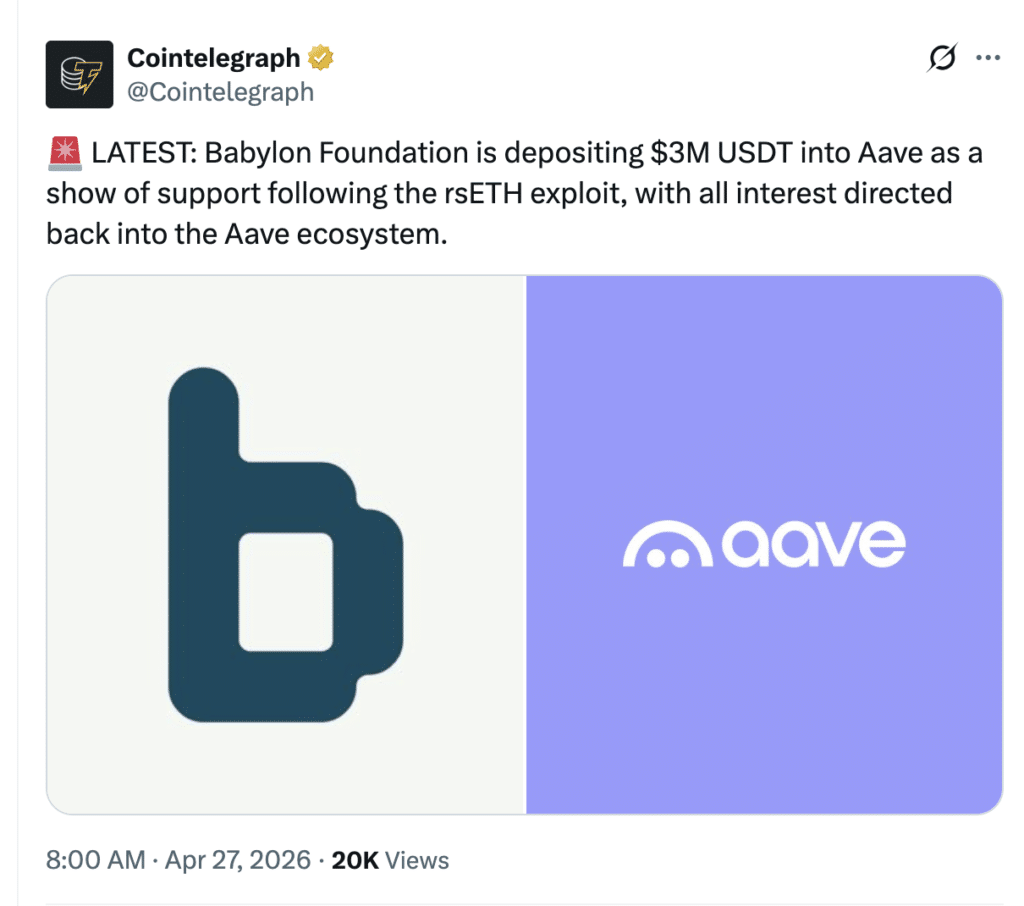 Babylon Aave support update shared by Cointelegraph highlighting DeFi liquidity developments.