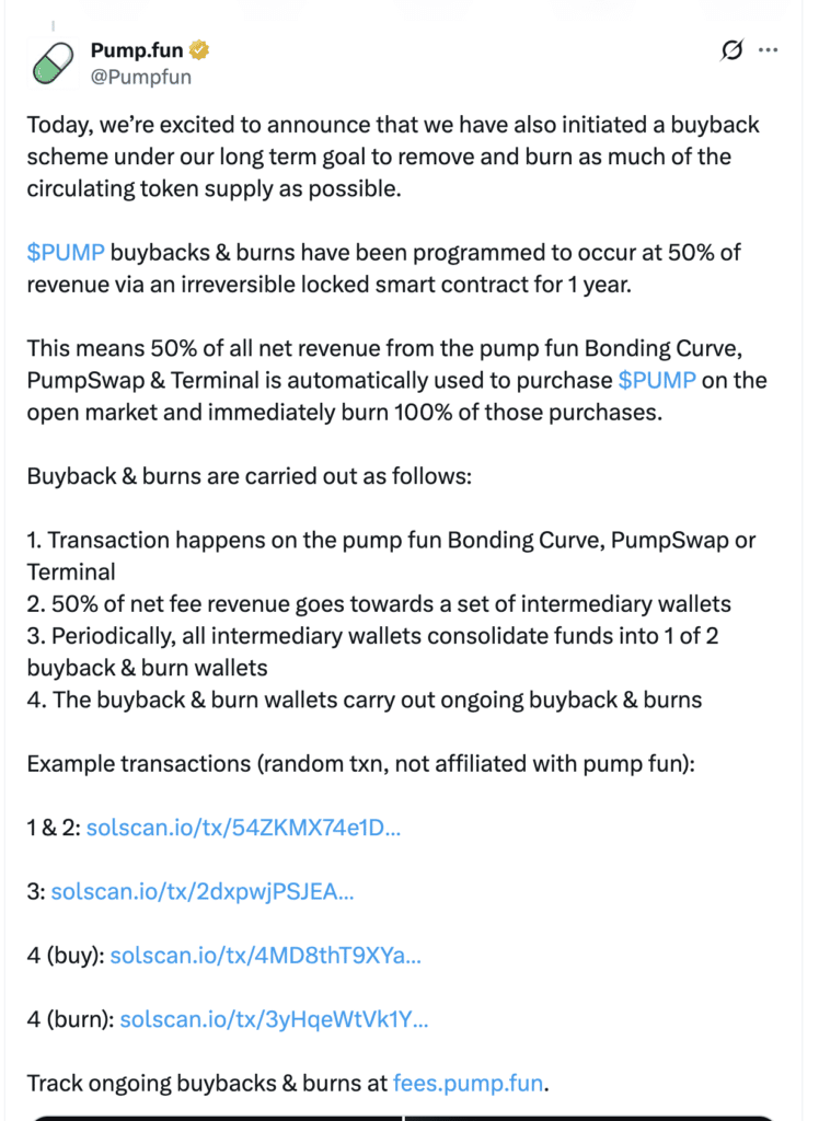 Pump.fun Token Burn News 2026: Pump.fun X post sharing platform update.