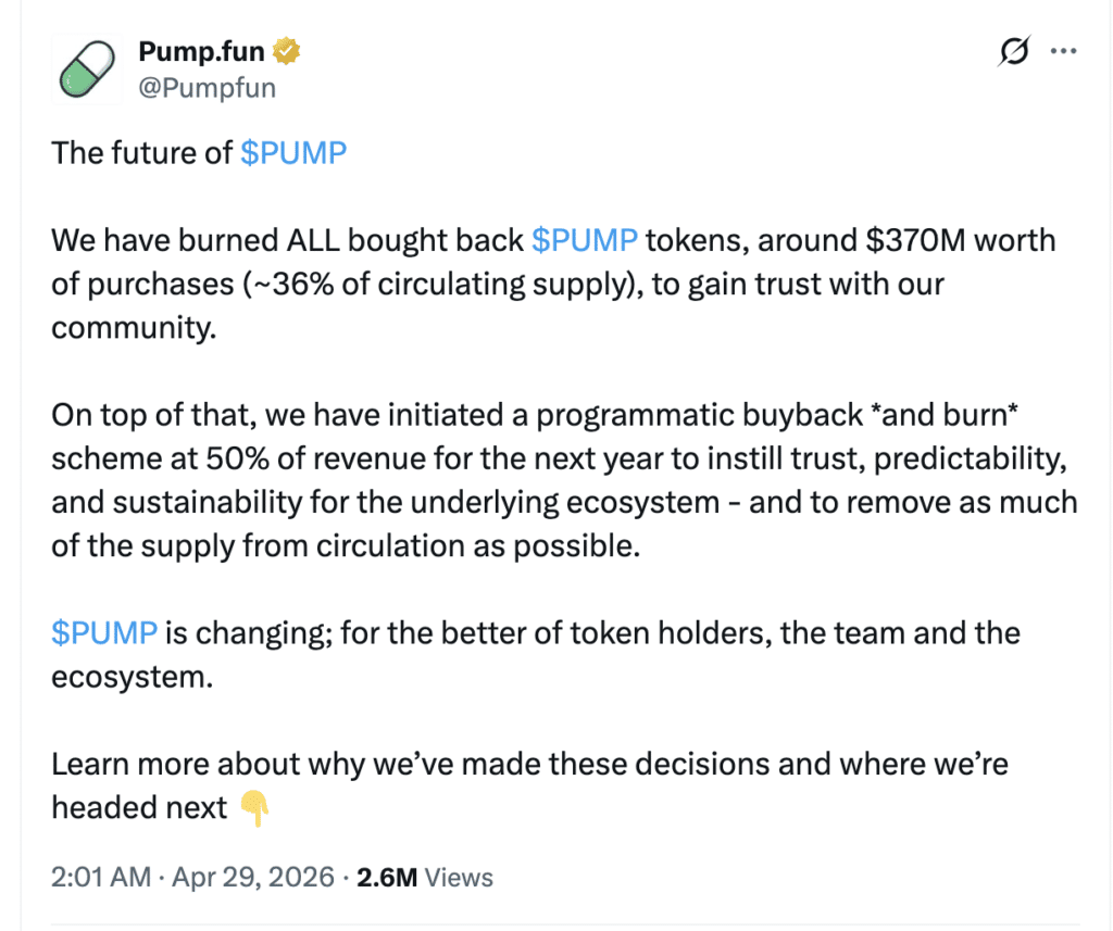 Pump.fun Token Burn News 2026: Pump.fun official X post sharing platform and token update.
