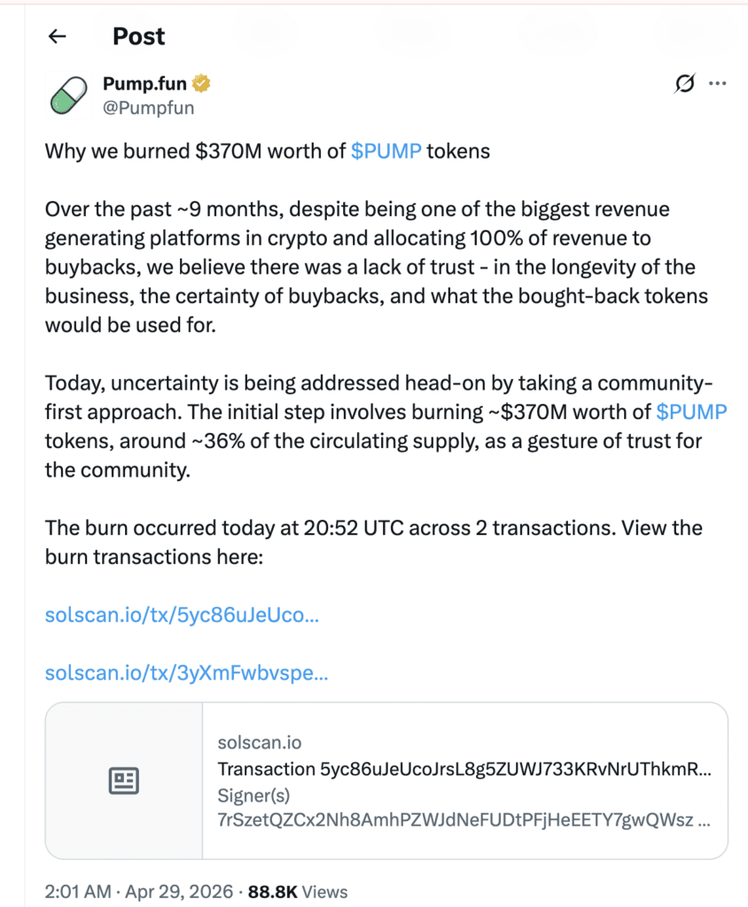 Pump.fun Token Burn News 2026: Pump.fun X post sharing platform update.