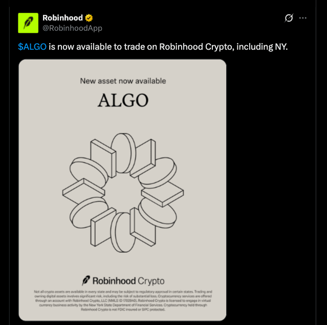 Algorand Robinhood Listing Restores U.S. Retail Access to ALGO Trading 8 Algorand Robinhood Listing Signals New Phase for U.S. Crypto Access
