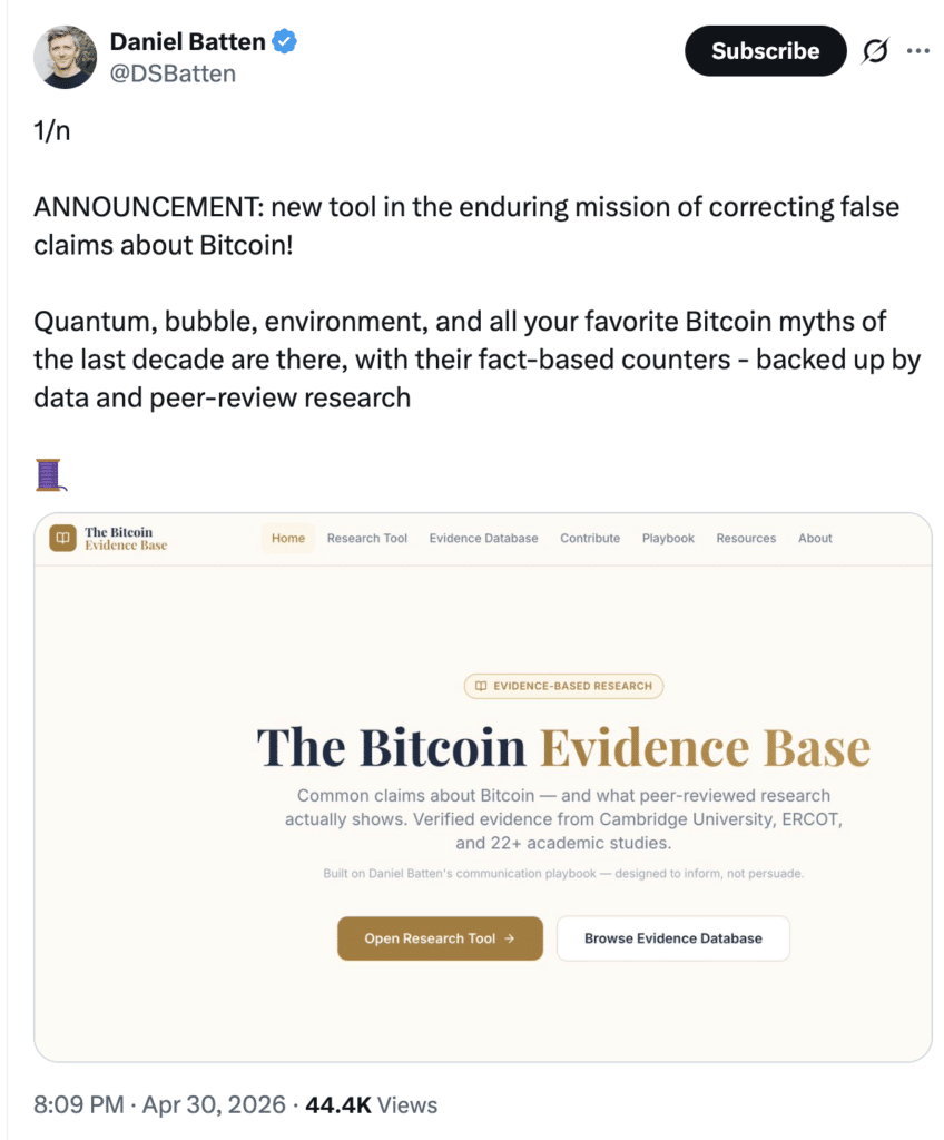 Bitcoin Evidence Base post on Bitcoin energy data and FUD counterpoints. Source: X (@DSBatten).