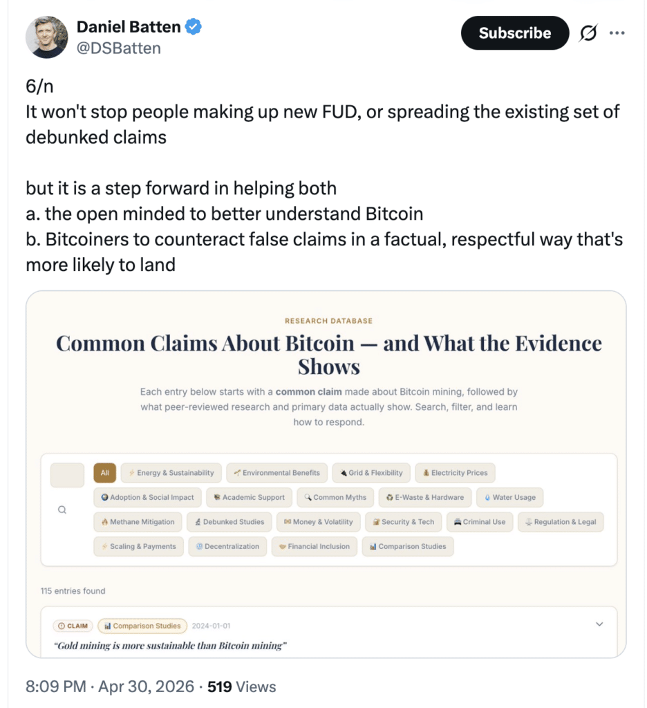 Bitcoin Evidence Base post on Bitcoin energy data and FUD rebuttal. Source: X (@DSBatten).