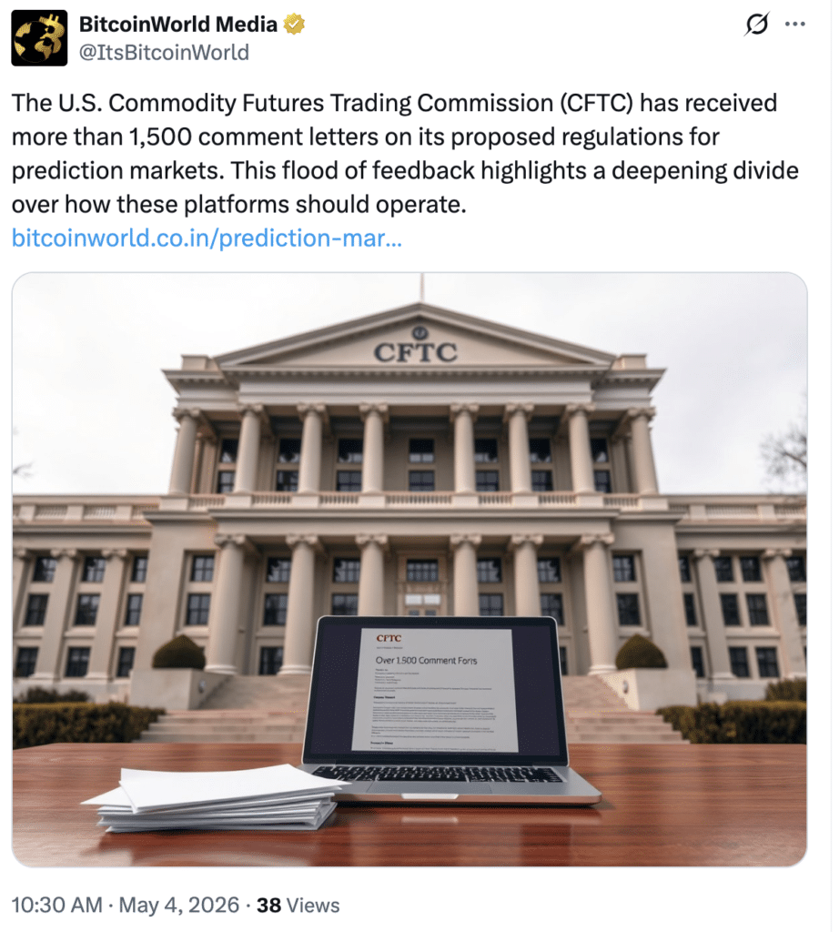 Crypto news post on CFTC prediction market rules debate shared on X